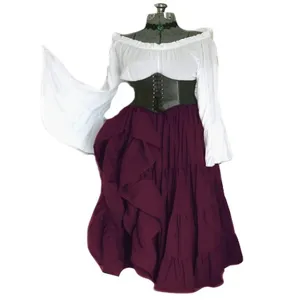 Medieval Renaissance costume detail view showing vintage off-shoulder top, corset and skirt.