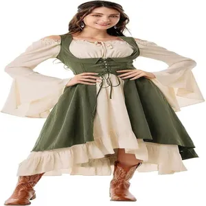 Detailed view of the Renaissance style lace-up corset and flared sleeves on vintage dress.
