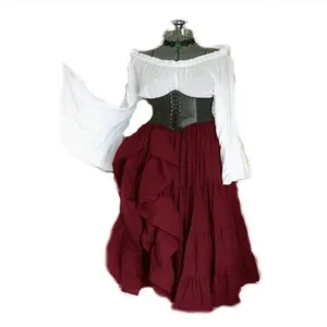 Detailed view of the medieval renaissance costume set featuring off-shoulder top and skirt.