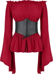 Renaissance medieval off shoulder long sleeve red blouse with black lace up corset belt.