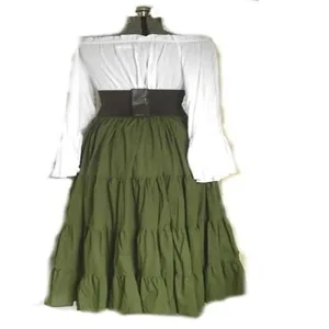 Medieval Renaissance women long sleeve dress costume off shoulder top green tiered skirt