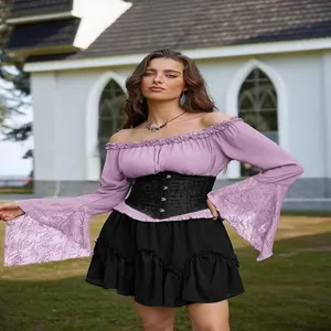 Femme haut à épaules dénudées manches longues en dentelle, élégant chemisier de print.