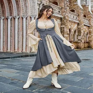 Details of Renaissance women medieval pirate peasant dress with high-low hem and lace-up corset.