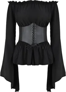 Medieval Renaissance women long sleeve black top with faux leather corset belt detail.