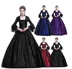 Medieval Renaissance vintage lace splicing long sleeve maxi ball gown dress for women party.