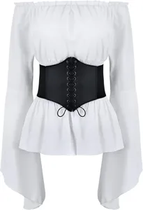 Renaissance medieval off-shoulder long sleeve blouse with black corset belt detail view.