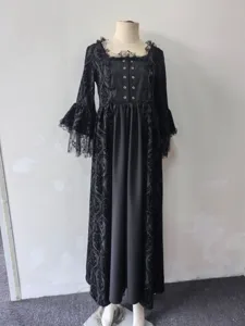 Detailed view of medieval vintage gothic black lace long bell sleeve dress with intricate patterns.