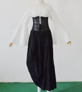 Renaissance medieval costume off-shoulder bell sleeve top black corset long skirt set