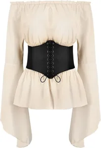 Detailed view of medieval Renaissance off-shoulder long sleeve top with black lace-up corset.