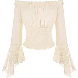 Blouse Vintage pour Femmes Épaules Dénudées Manches Longues Volants Col Bateau Patchwork Dentelle Top pour Date Décontracté