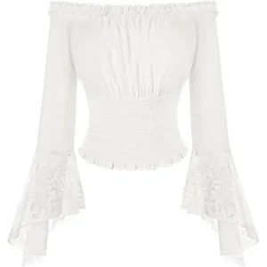 Blouse blanche pour femme épaules dénudées manches longues avec dentelle et taille smockée.