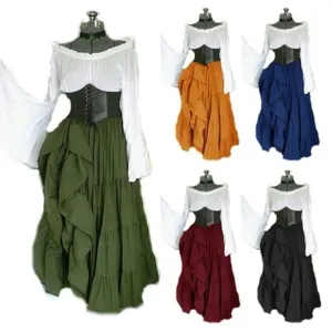 Women Medieval Renaissance Long Sleeve Dress Vintage Court Lace Up Corset Multi Layered Tiered Cosplay Costume Party Maxi Dress