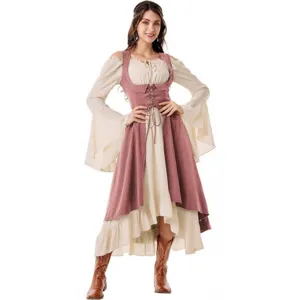 Women Renaissance Medieval Costume Pirate Peasant Dress Underbust Corset Lace Up High Low Dress And Vest Set Costume