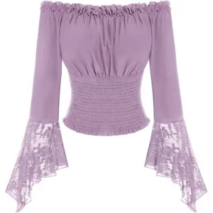 Femme Epaule Denudee Manche Longue Blusette Taille Froncee Dentelle Top Chic Elegant.