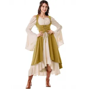 Medieval Renaissance women costume vintage high low dress lace up vest bell sleeves