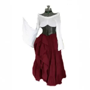 Renaissance medieval costume for women, featuring white off-shoulder blouse and long skirt.