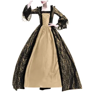 Medieval vintage court dress detail showing lace patchwork, bell sleeves and gold satin fabric.