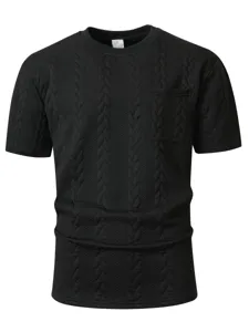 Stijlvol heren zwart korte mouw t-shirt met kabelbreisel textuur en borstzak casual top