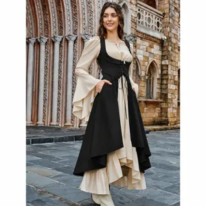 Women medieval renaissance cosplay dress costume with lace-up corset high low hem