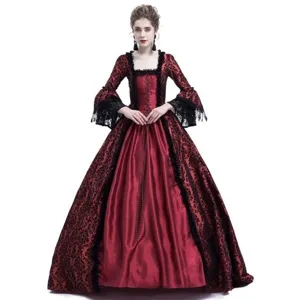 Medieval Renaissance court dress, vintage red satin gown with black lace and long flared sleeves.