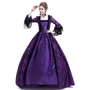 Women medieval vintage court dress with lace splicing and long trumpet sleeves for party.