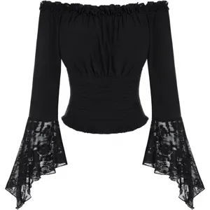 Blouse noire à épaules dénudées et manches longues en dentelle avec taille smockée.