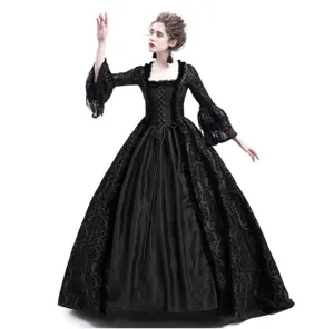 Exquisite medieval black dress featuring intricate lace patchwork and dramatic bell sleeves.