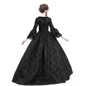 Medieval retro gothic black lace long sleeve dress back detail showing elegant bell sleeves and hem.