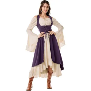 Women's Renaissance Medieval Peasant Costume Purple Overdress and Beige Off Shoulder Dress.
