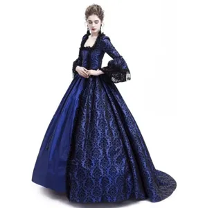 Medieval vintage blue dress detail featuring black lace patchwork and elegant large bell sleeves.