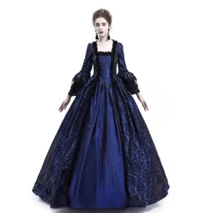 Medieval vintage retro European court style dress with black lace trim and bell sleeves.