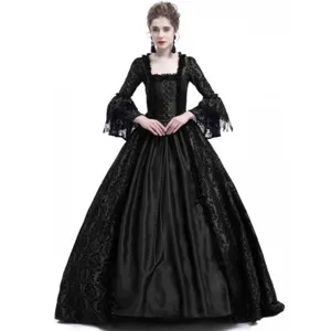 Medieval vintage gothic court dress for women, long flare sleeve lace patchwork maxi gown.
