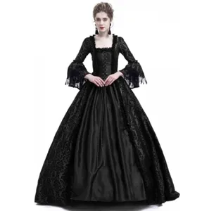 Black medieval retro court dress featuring lace patchwork and long bell sleeves for women.
