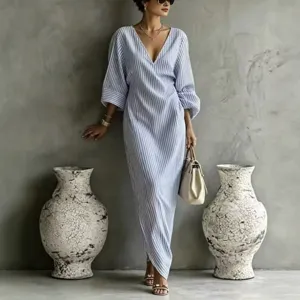 Striped V-neck Long Sleeve Maxi Dress Casual Vacation Summer Shirt Dress Main View