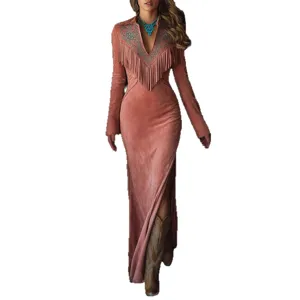 Women Long Sleeve Suede Fringe Maxi Dress Fall V-Neck Western Cowboy Maxi Dress New