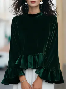 Green velvet long sleeve ruffle blouse for women, elegant round neck pullover top for autumn.