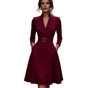 Elegant Women Wine Red Long Sleeve V-Neck Midi Dress with Belt Autumn Winter Fashion