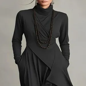 Close up detail of women solid color long sleeve high neck wrap dress autumn fashion apparel.