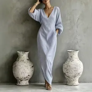 Casual loose striped V-neck maxi dress for women summer resort long sleeve shirt dress.