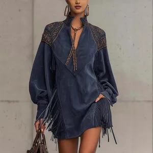 Robe en Suède Élégante à Col en V pour Femme Brodée Frange Manche Lanterne Pullover Taille Haute Ligne A Midi Robe pour Automne Hiver