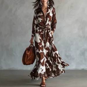 Women Elegant Cow Print Long Sleeve Dress Western Turn-down Collar High Waist Maxi Dress Single-breasted Loose Shirt Dress