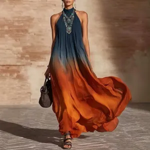 Halter ombre maxi dress for women summer beach bohemian sleeveless long dress vacation wear