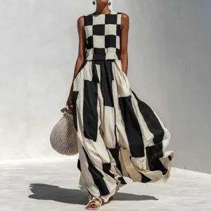 Women Summer Geometric Pattern Round Neck Sleeveless Loose Pullover Dress Vintage Artistic Printed Polyester Long Maxi Dress