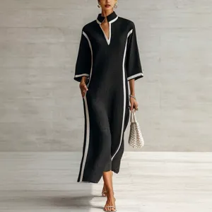 Women Elegant Color Block Patchwork Pullover Maxi Dress V-Neck Three-Quarter Sleeve Loose Fit Ruched Contrast Trim Dress For Commuting