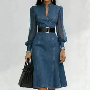 Women Elegant Commute Instagram Style Patchwork Solid Color Long Sleeve V-Neck Loose Waist Woven Dress Polyester Maxi Long Denim Look Dress For Travel Casual