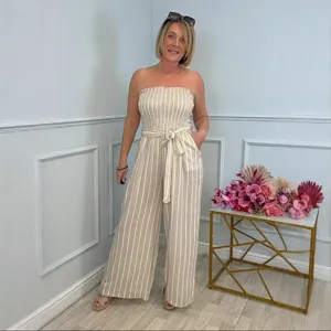 Women Elegant Polyester Striped Jumpsuit Strapless Sleeveless Loose Fit Long Pants Belted Pocketed Casual Romper For Commuting Lady