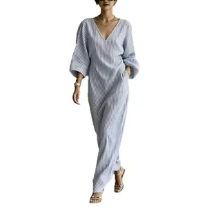Casual striped V-neck long sleeve maxi dress for women summer resort wear loose fit.