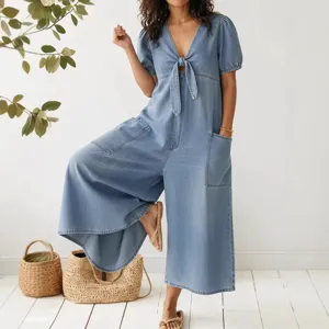 Combinaison Ample Décontractée Style Denim pour Femmes Col en V Manches Courtes Couleur Unie Pantalon Long Droit Avec Poche