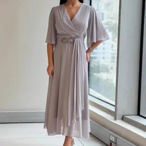 Women Elegant V-Neck Pleated Dress Solid Color Stretchy Polyester Half Sleeve Long Maxi Dress For Daily Commuting