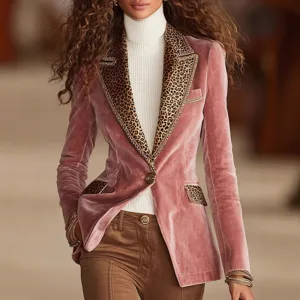 Women Streetwear Polyester Blazer Velvet Long Sleeve Blazer Leopard Print Patchwork Lapel Single Button Casual Top Coat